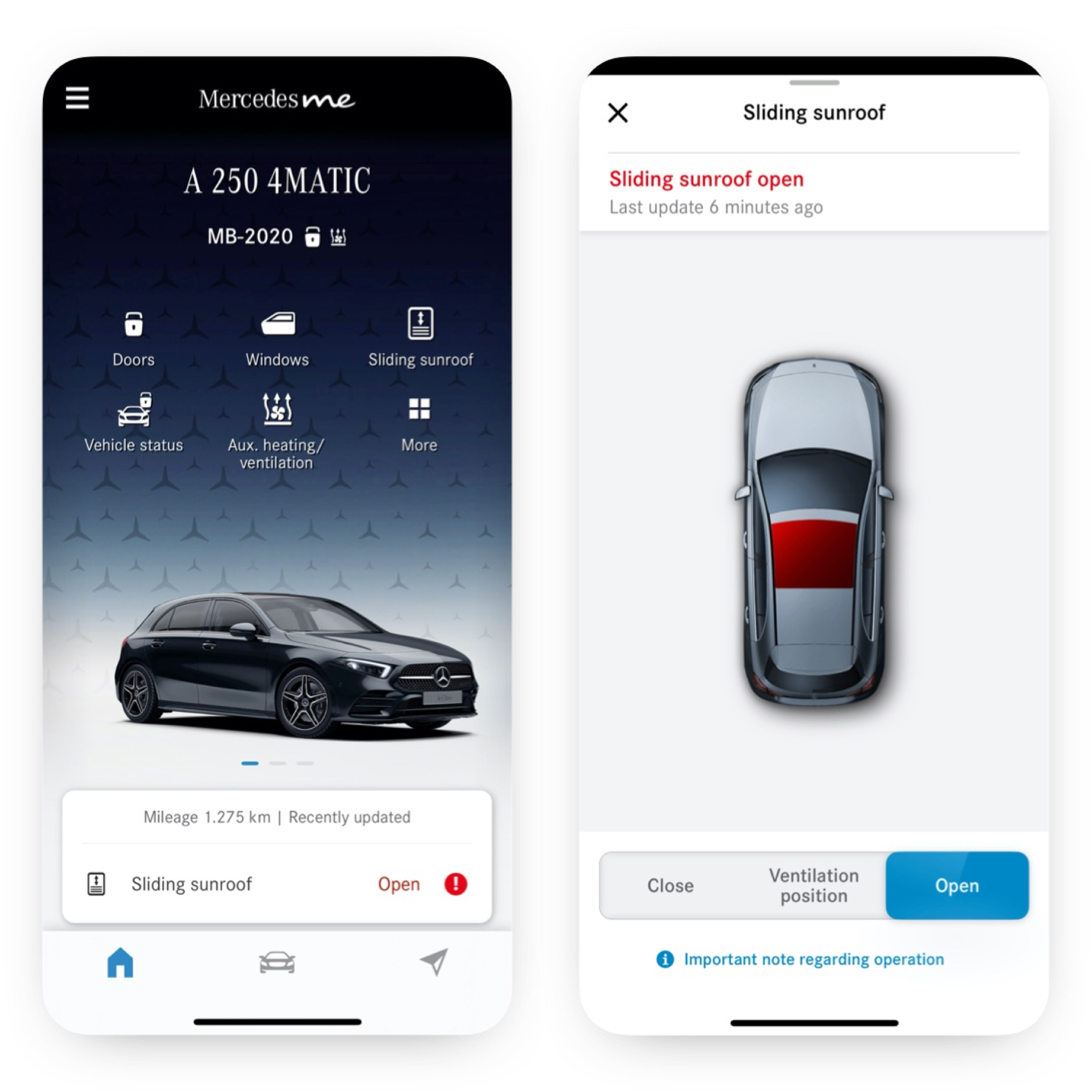 Remote Window and Sunroof Control | Excellence Package | Mercedes-Benz A smartphone shows the various screens that are displayed when the Remote Window and Sunroof Control Digital Extra determines that the sunroof is not closed.