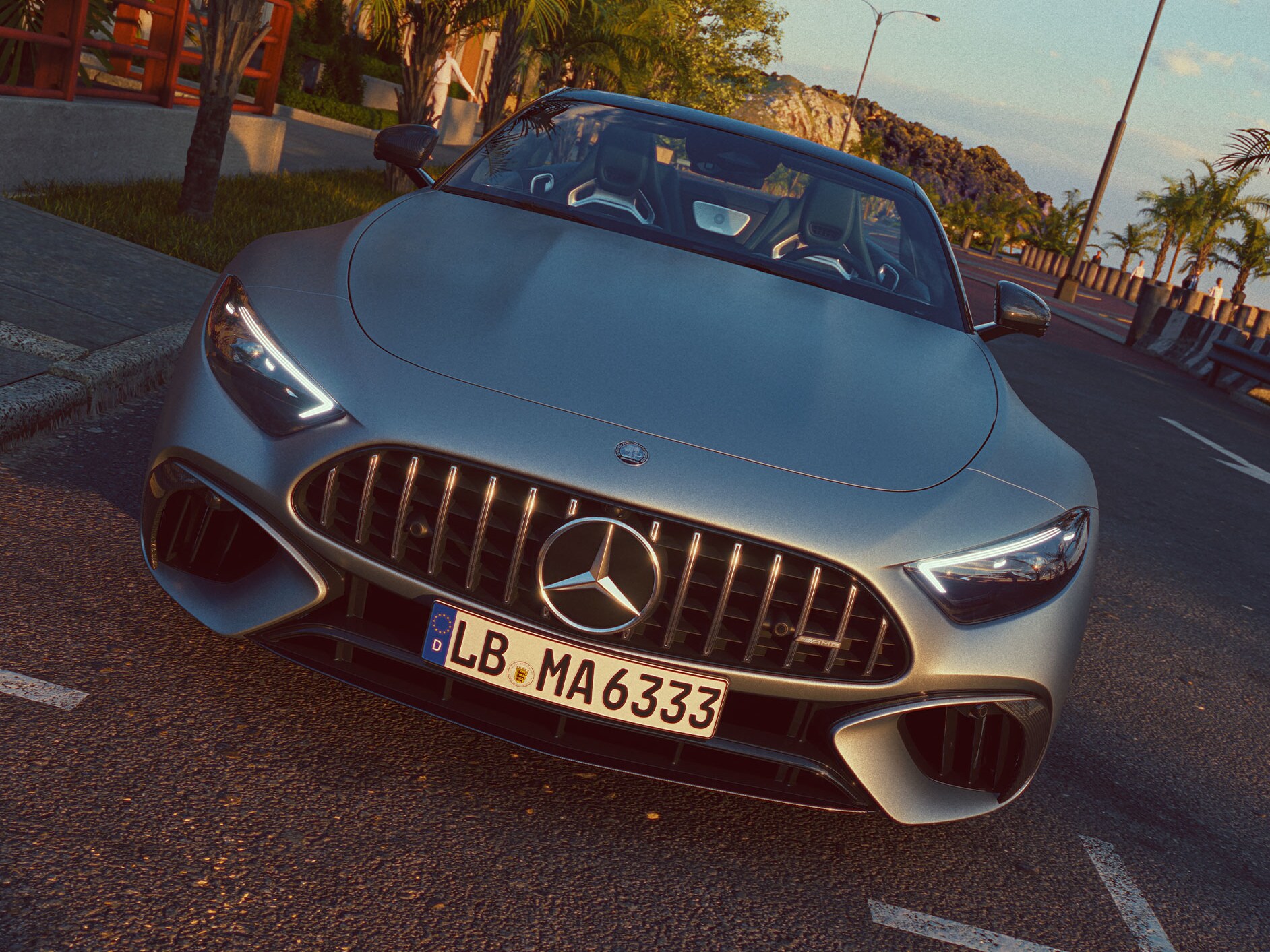 A front view of the Mercedes-AMG SL Roadster parking on a street.