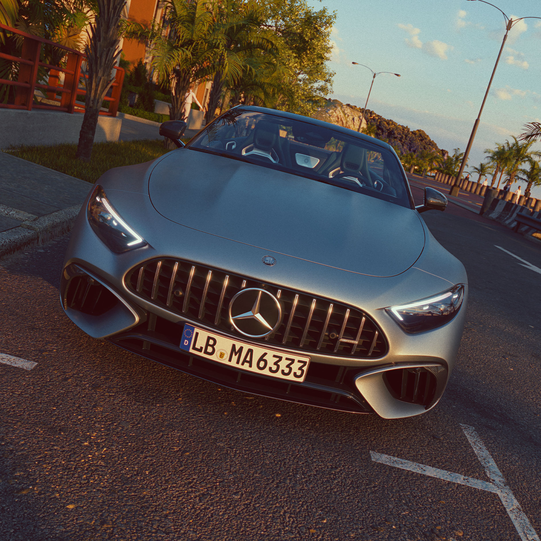 Design | SL Roadster | Mercedes-AMG A front view of the Mercedes-AMG SL Roadster parking on a street.