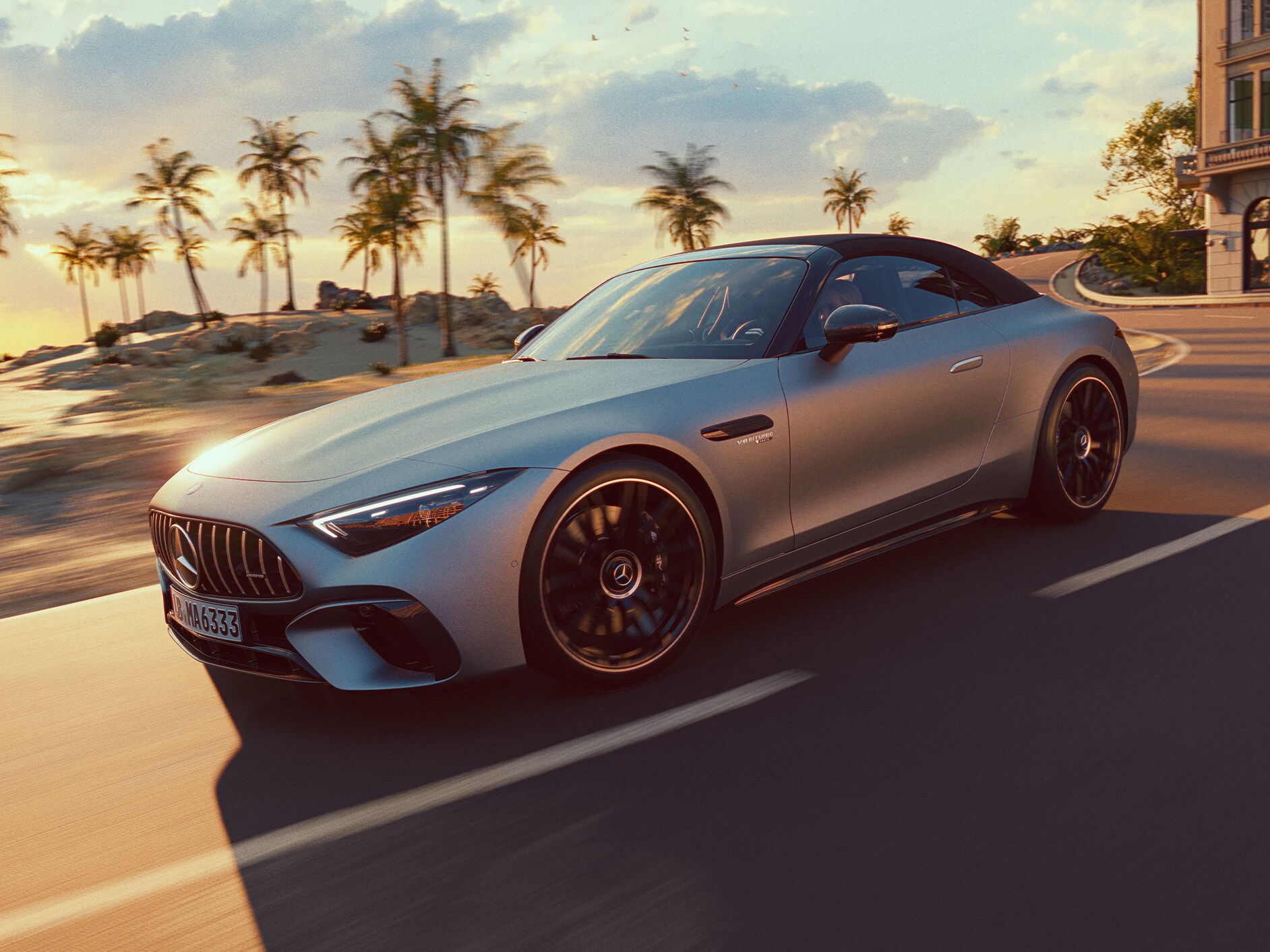 A side view of the Mercedes-AMG SL Roadster which is driving on a road.