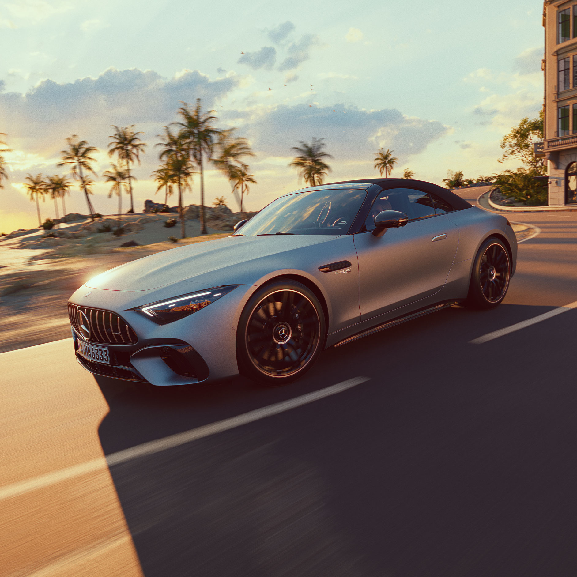 SL Roadster | Mercedes-AMG A side view of the Mercedes-AMG SL Roadster which is driving on a road.