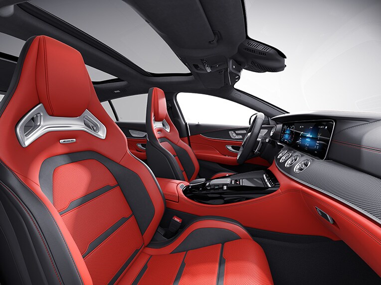 The AMG Performance seats in red pepper / black in the Mercedes-AMG GT 63 S E PERFORMANCE.