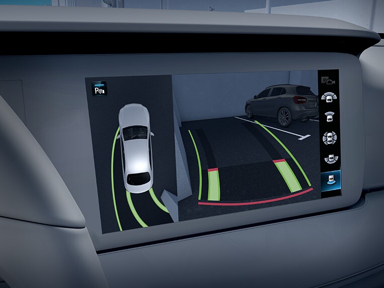 Graphic representation of the Parking package with 360° camera in the Mercedes-Benz C-Class Cabriolet.