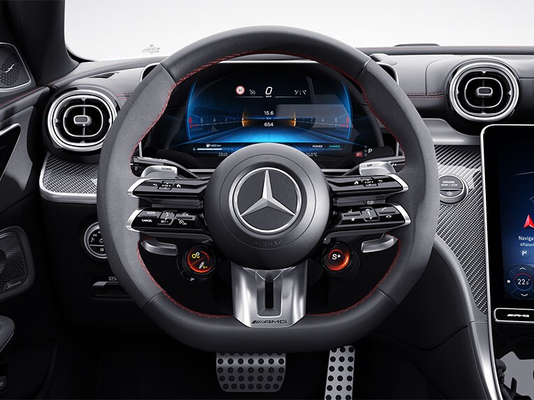 The AMG Performance steering wheel in nappa leather / MICROCUT microfibre for the Mercedes-AMG C-Class Saloon.