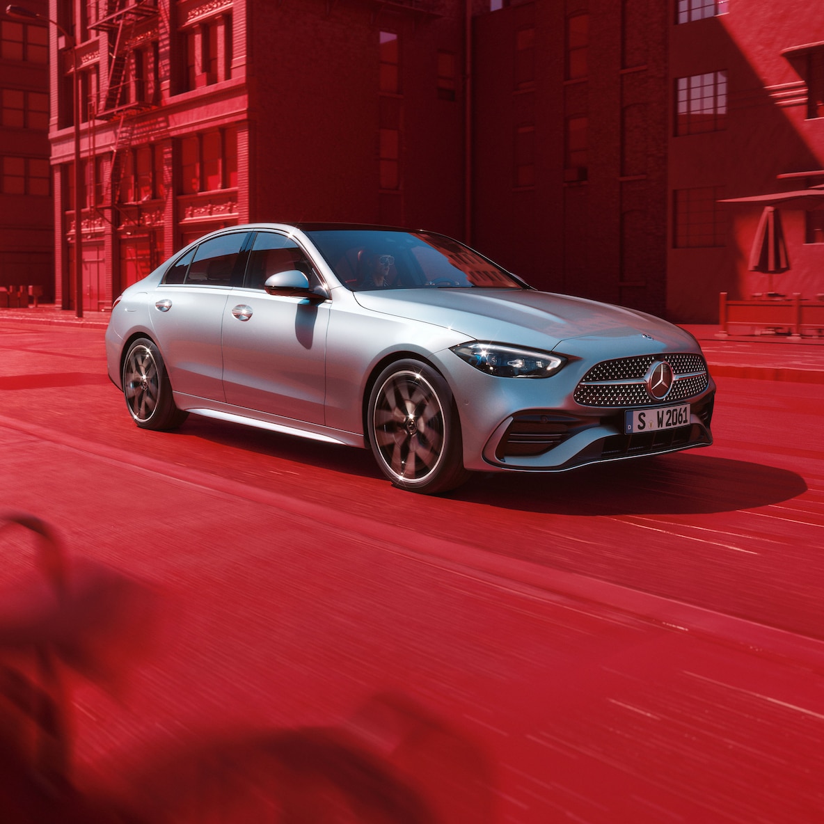 Frontal side view of a Mercedes-Benz C-Class Saloon.