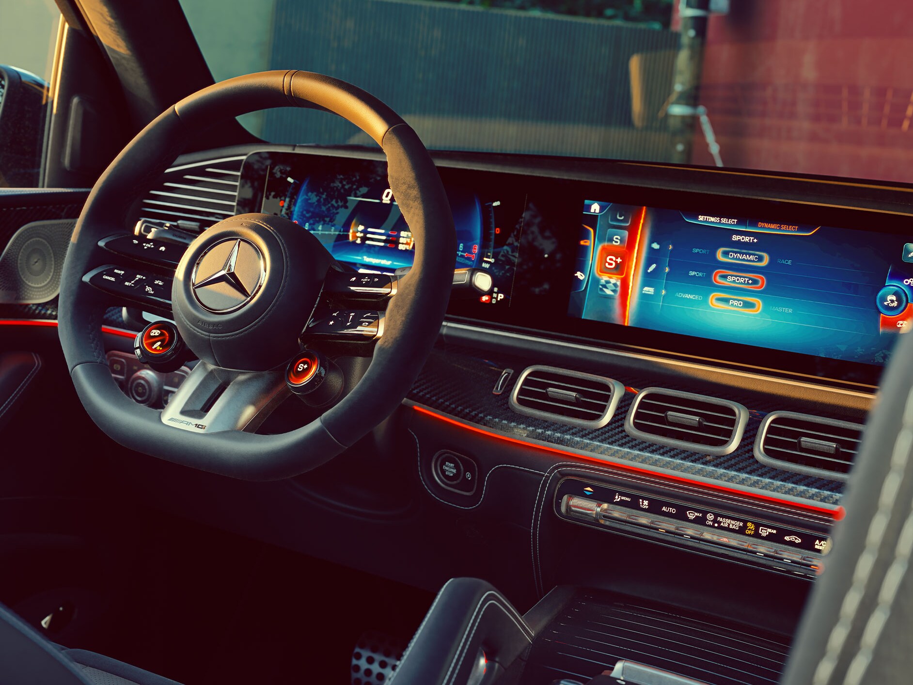 The cockpit of the GLE SUV from Mercedes-AMG with AMG Performance steering wheel and MBUX multimedia system.