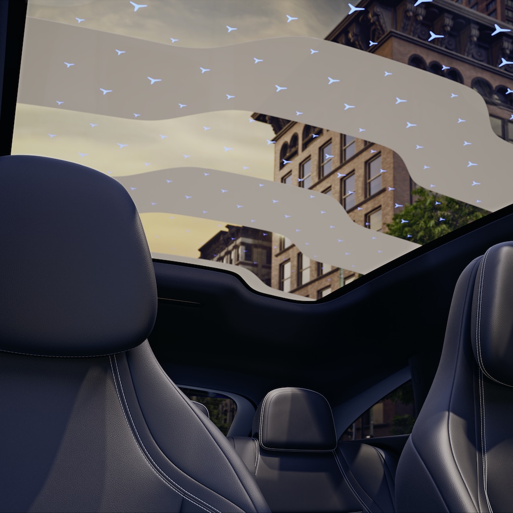 SKY CONTROL panoramic roof with illuminated pattern in the interior of the electric CLA Shooting Brake.