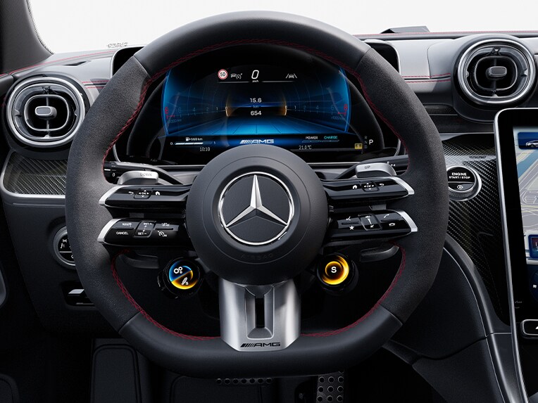 The AMG Performance steering wheel in nappa leather / MICROCUT microfibre of the new Mercedes-AMG CLE Coupé.