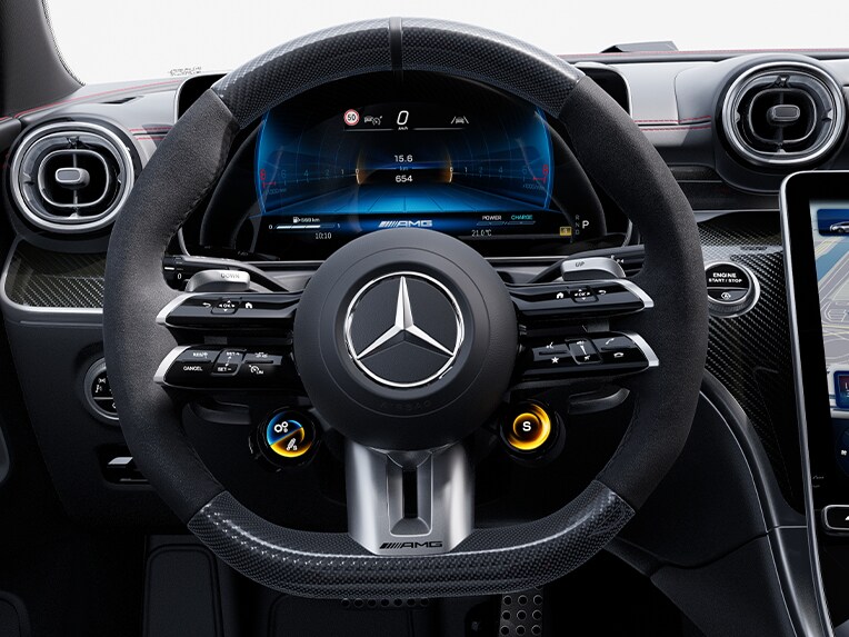 The AMG Performance steering wheel in carbon fibre design / MICROCUT microfibre of the new Mercedes-AMG CLE Coupé.