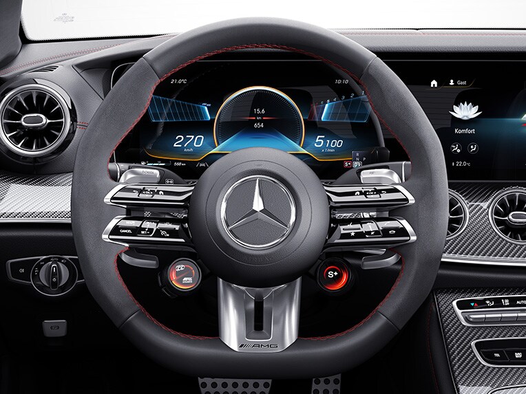 AMG Performance steering wheel in nappa leather in the Mercedes-AMG E 53 4MATIC+ Cabriolet.