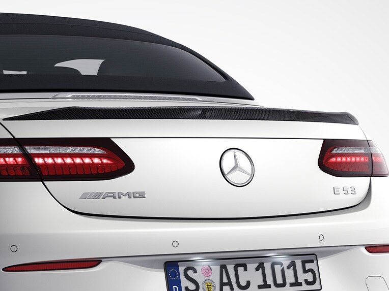 AMG carbon-fibre air flow break-away edge on the boot lid in the Mercedes-AMG E 53 4MATIC+ Cabriolet.