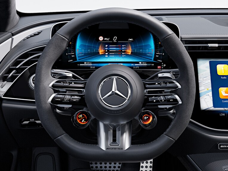 AMG Performance steering wheel in nappa leather / MICROCUT microfibre in the Mercedes-AMG E-Class Saloon.