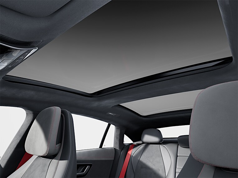 The panoramic sliding sunroof in the Mercedes-AMG EQE Saloon.