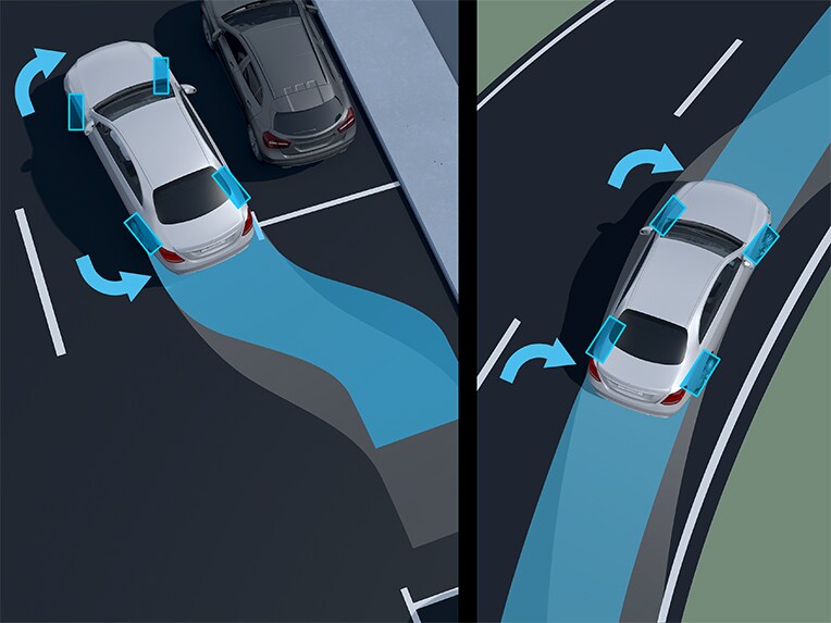 A representation of the rear-axle steering in the EQE Sedan by Mercedes-Benz.