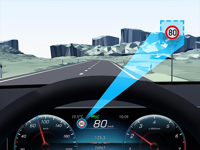 A graphic representation of Traffic Sign Assist in the new EQE SUV from Mercedes-EQ.