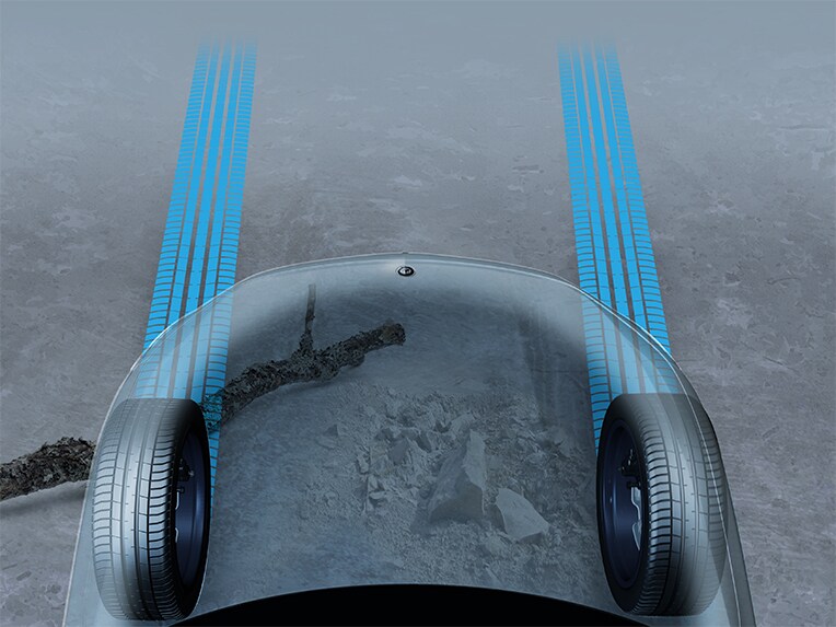 A graphic representation of the transparent bonnet in the new EQE SUV from Mercedes-EQ.