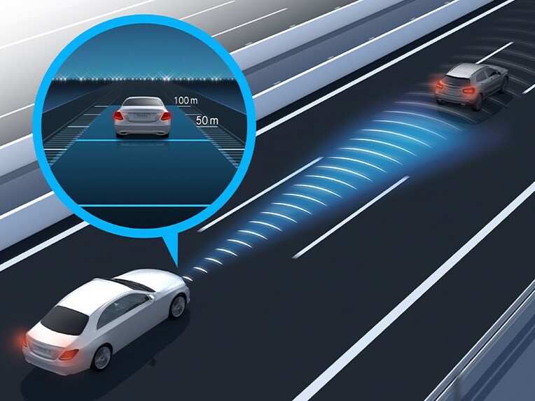 A graphic representation of Active Distance Assist DISTRONIC in the EQS Sedan from Mercedes-Benz.