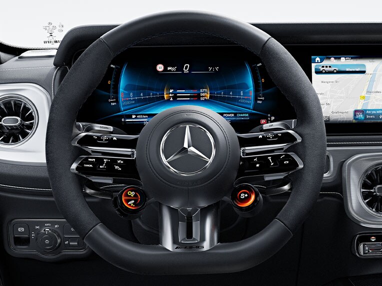 The AMG Performance steering wheel in nappa leather / MICROCUT microfibre in the Mercedes-AMG G-Class.