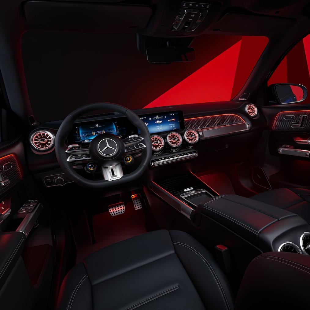The Mercedes-AMG GLB Interior with AMG Performance seats and AMG Performance steering wheel.