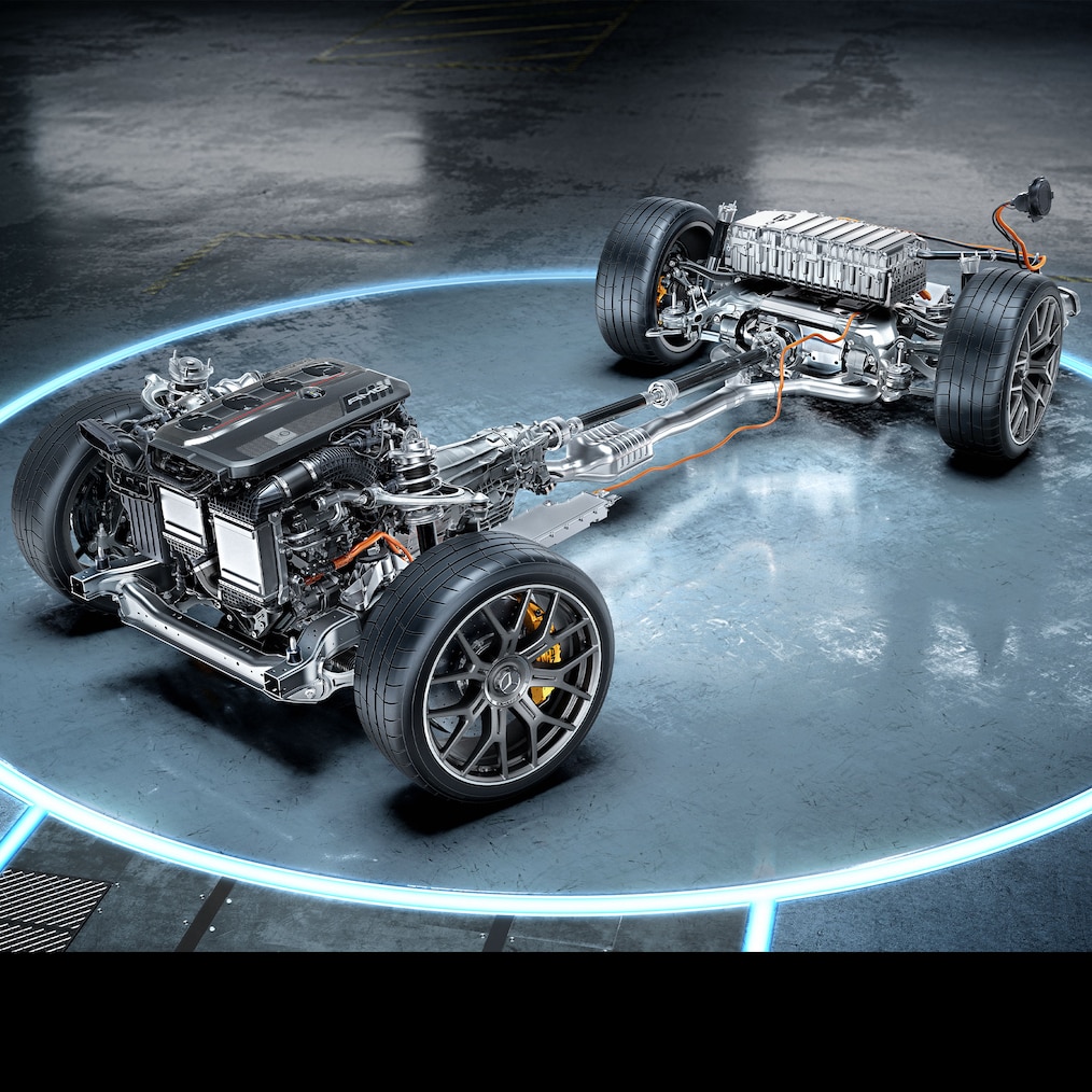 The drivetrain of the Mercedes-AMG GLC 63 S E PERFORMANCE Coupé.