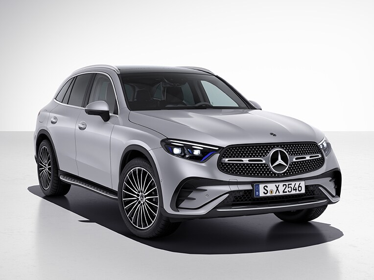 Angled front view of the new GLC SUV from Mercedes-Benz with the AMG Line.