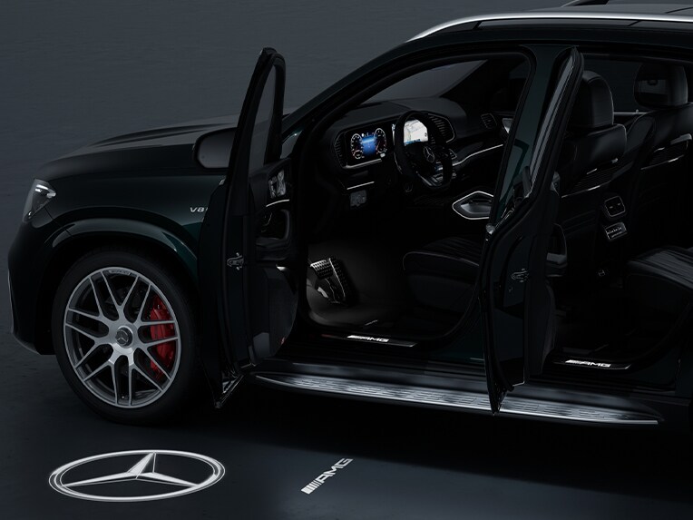 The ambient lighting with animated projection of the AMG logo for the new Mercedes-AMG GLE.