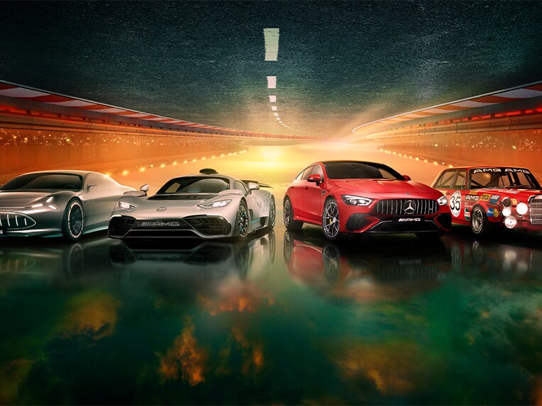 Group picture of various Mercedes-AMG vehicles.