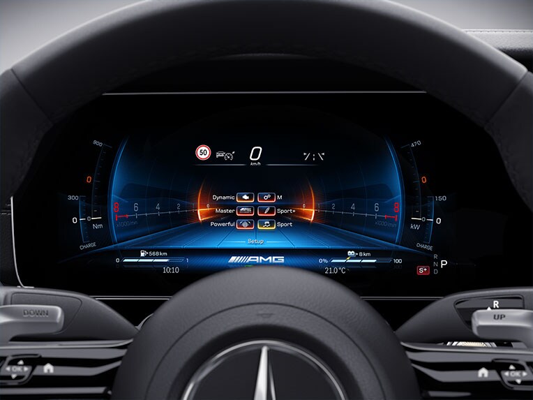 The instrument cluster in a Mercedes-AMG with ELECTRIC-DRIVE.