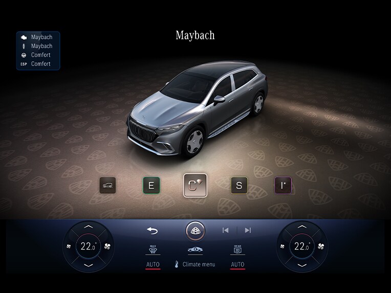 The central display in the interior of the Mercedes-Maybach EQS SUV shows the MAYBACH drive program.