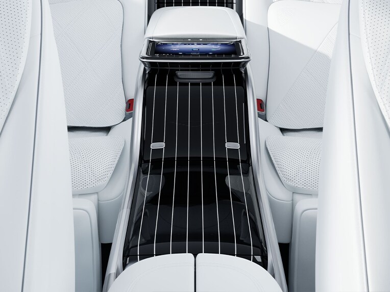 Centre console with Maybach logo in the interior of the luxury Mercedes-Maybach EQS SUV.
