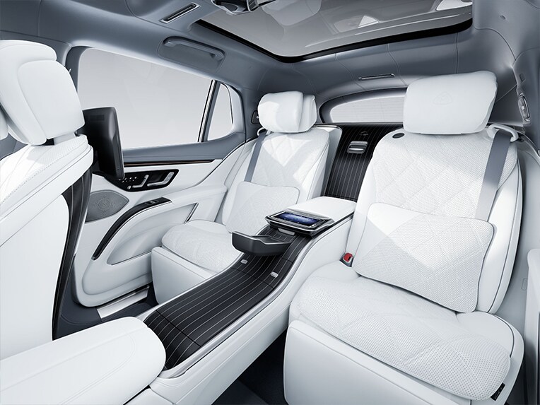 Rear interior of the luxury Mercedes-Maybach EQS SUV.
