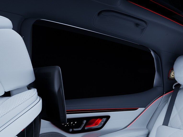 Rear interior of the luxury Mercedes-Maybach EQS SUV.