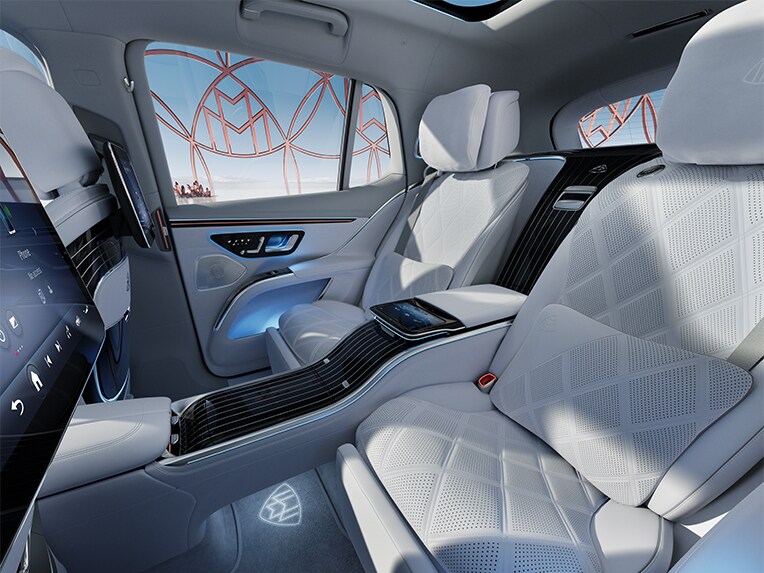 Interior of the luxury Mercedes-Maybach EQS SUV with sustainably processed leather.