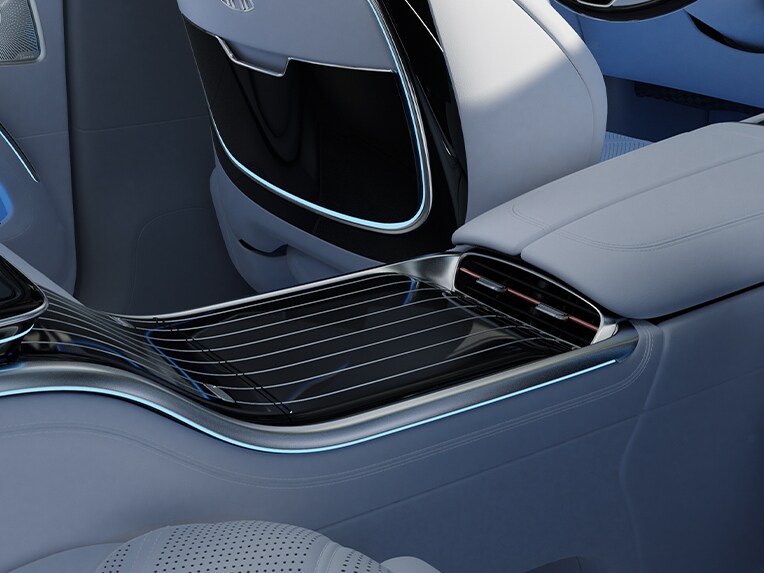 Trim elements made using sustainable wood in the interior of the luxury Mercedes-Maybach EQS SUV.