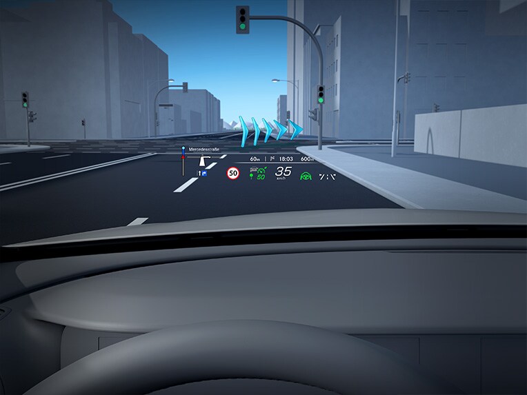 The MBUX Augmented Reality head-up display of the Mercedes-Maybach S-Class.