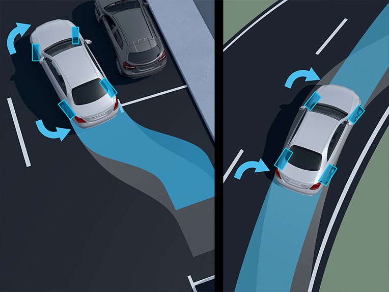 An illustration of the functions of rear axle steering of the Mercedes-Maybach S-Class.