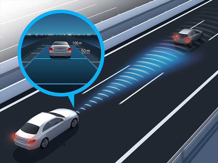 The video illustrates the functions of Active Distance Assist DISTRONIC in the Mercedes-Maybach S-Class.