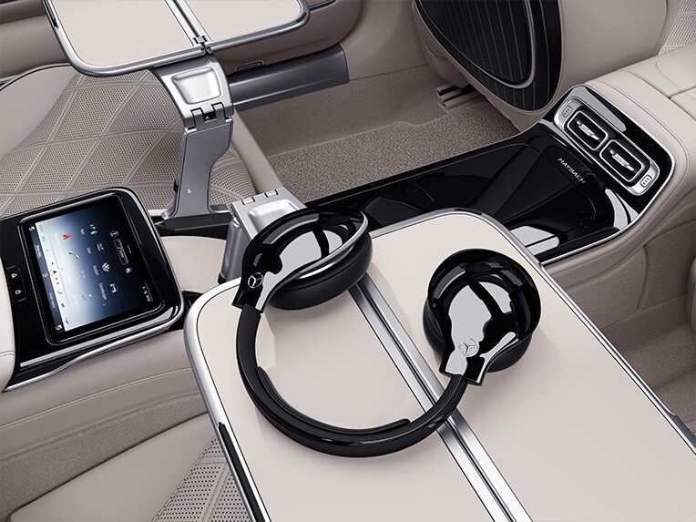 Folding tables in the rear of the Mercedes-Maybach S-Class.