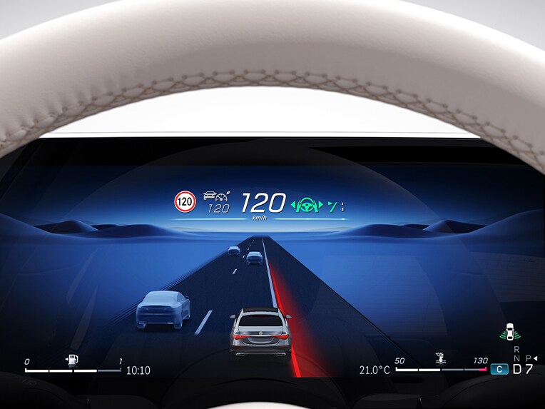 On-screen display of Active Lane Keeping Assist in the Mercedes-Benz S-Class Sedan.