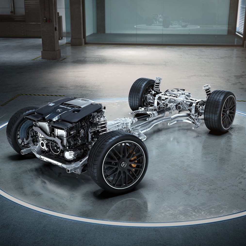Mercedes-AMG SL Roadster drivetrain in the engineering area.