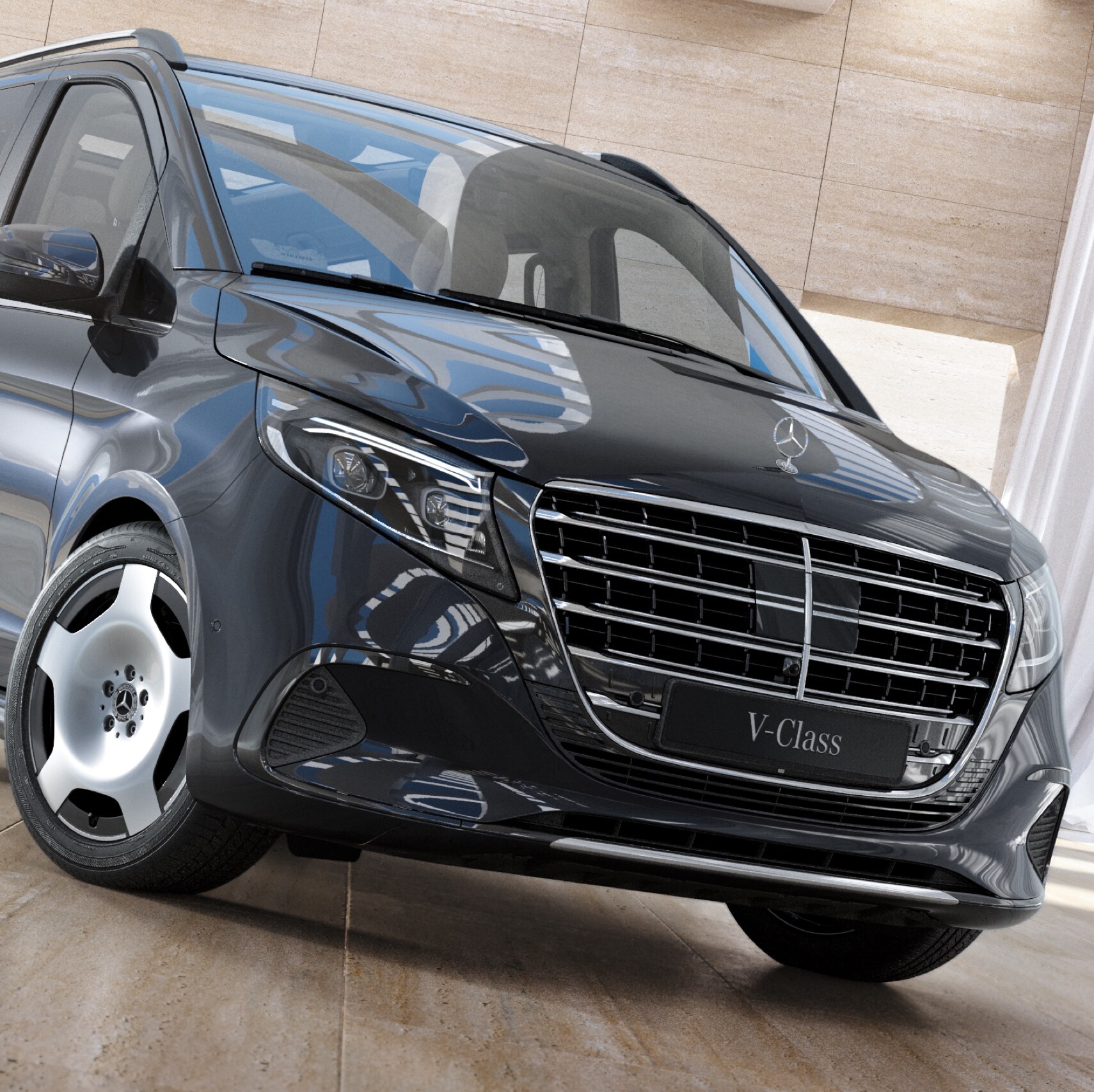 The photo shows the Mercedes-Benz V-Class.