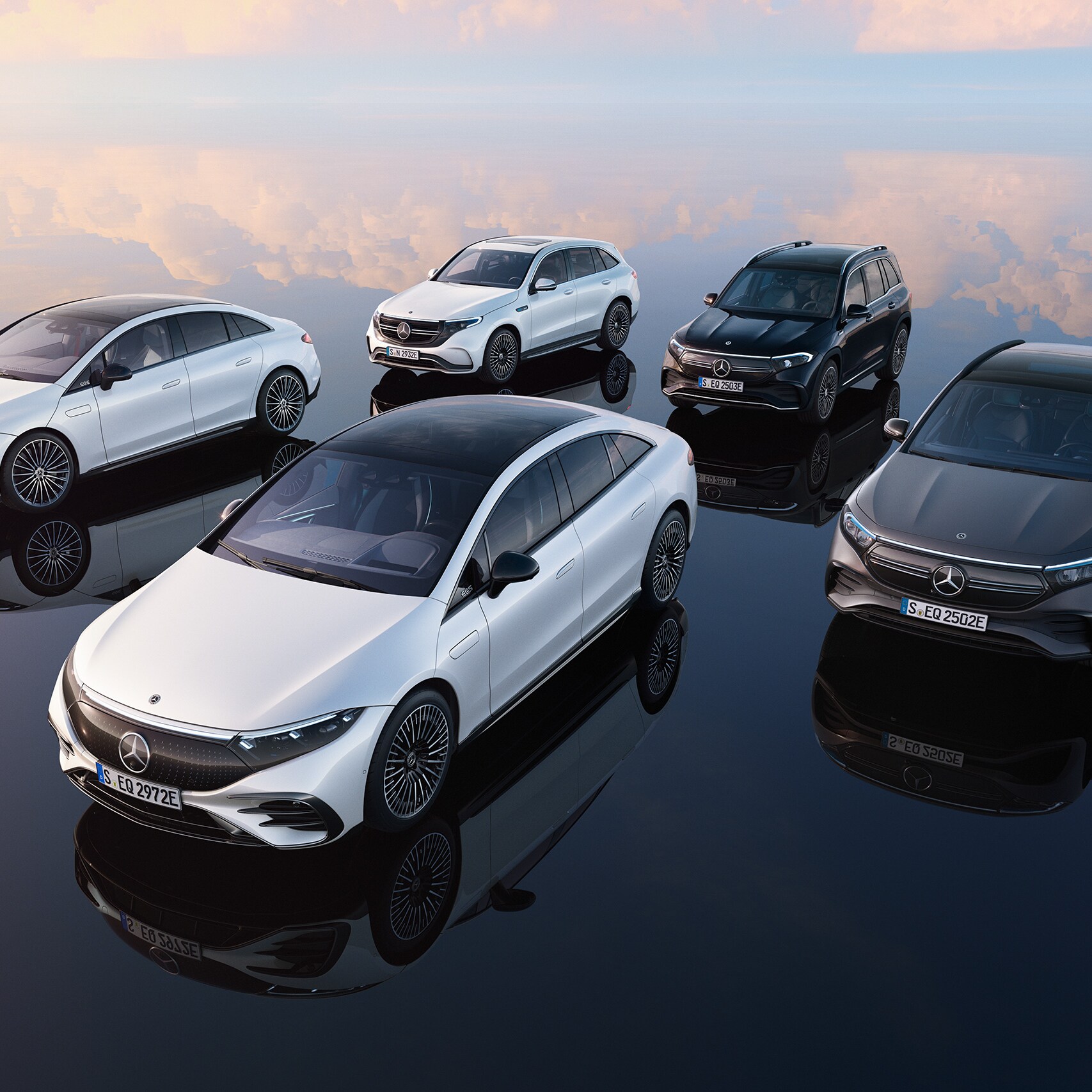 Front view of fully electric vehicles by Mercedes-EQ.