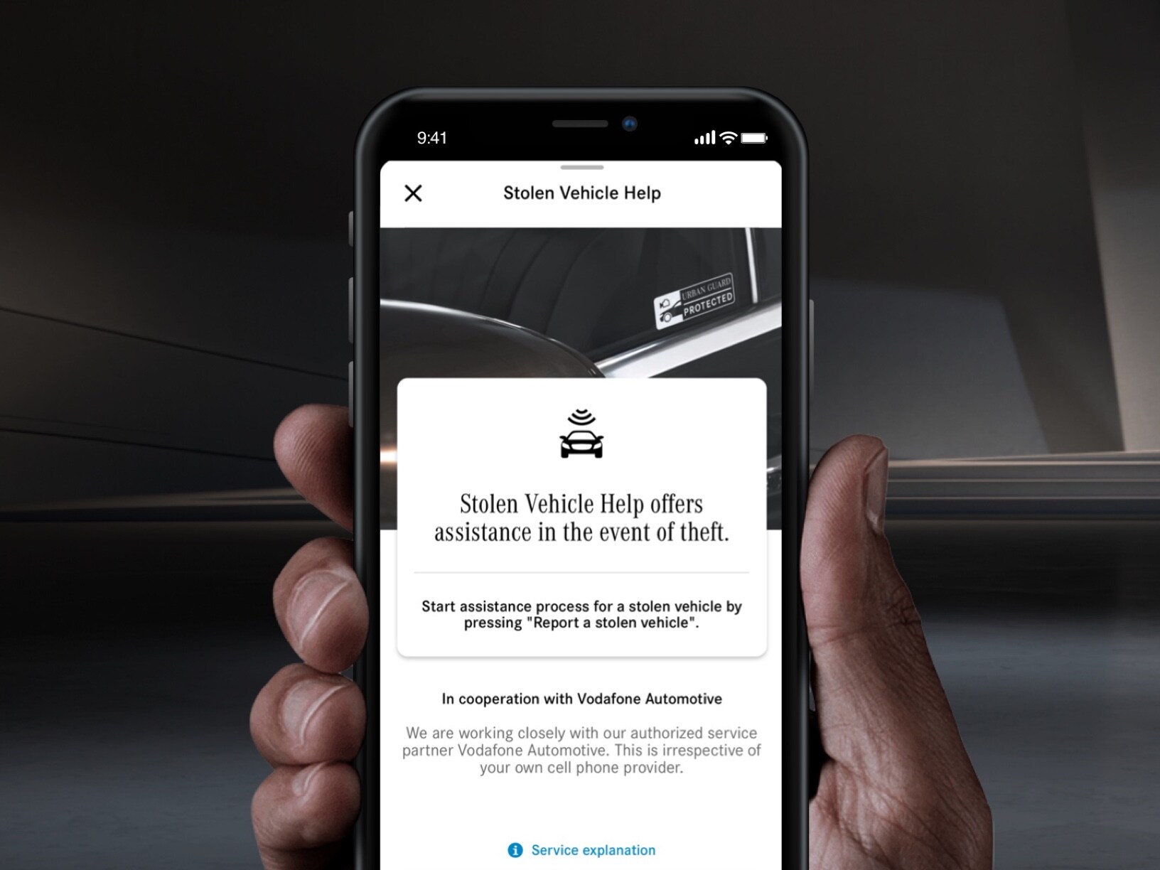Stolen Vehicle Help is offered via an Urban Guard Digital Extra on a smartphone