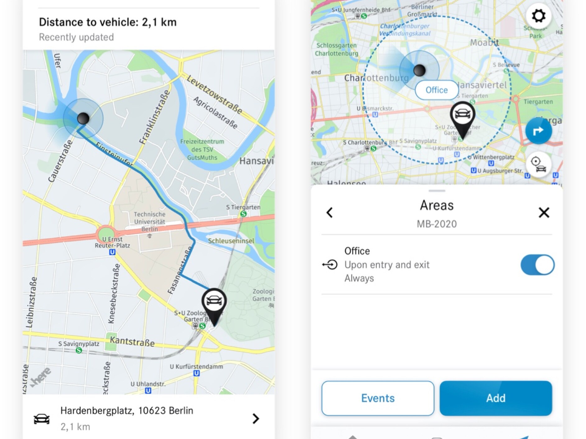 Thanks to the Geofencing Digital Extra, a smartphone shows whether the vehicle is driving inside or outside a defined area.