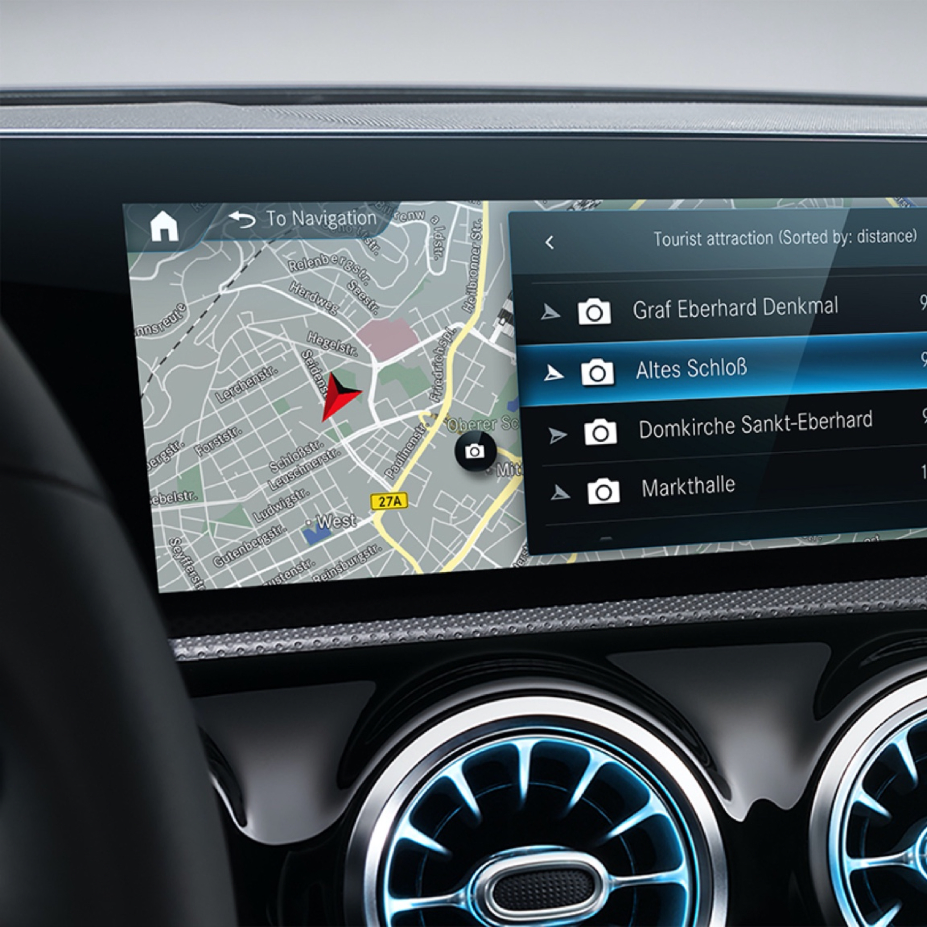 Local Search | Navigation | Mercedes-Benz The MBUX multimedia system displays the best route for the driver thanks to the Navigation Digital Extras.
