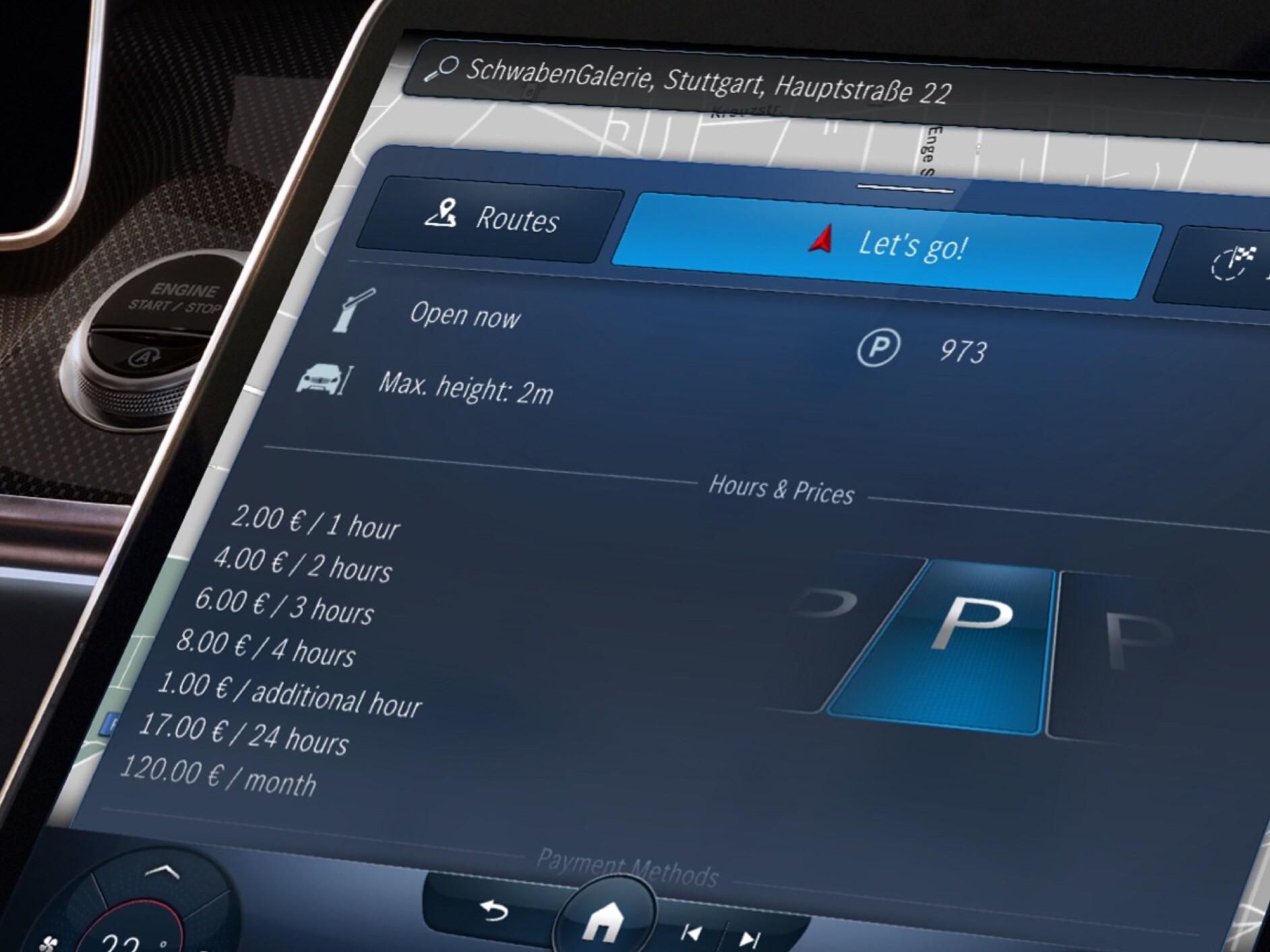 Available parking spaces and their prices are displayed on the screen of the MBUX multimedia system thanks to the Navigation for Parking Service Digital Extra.