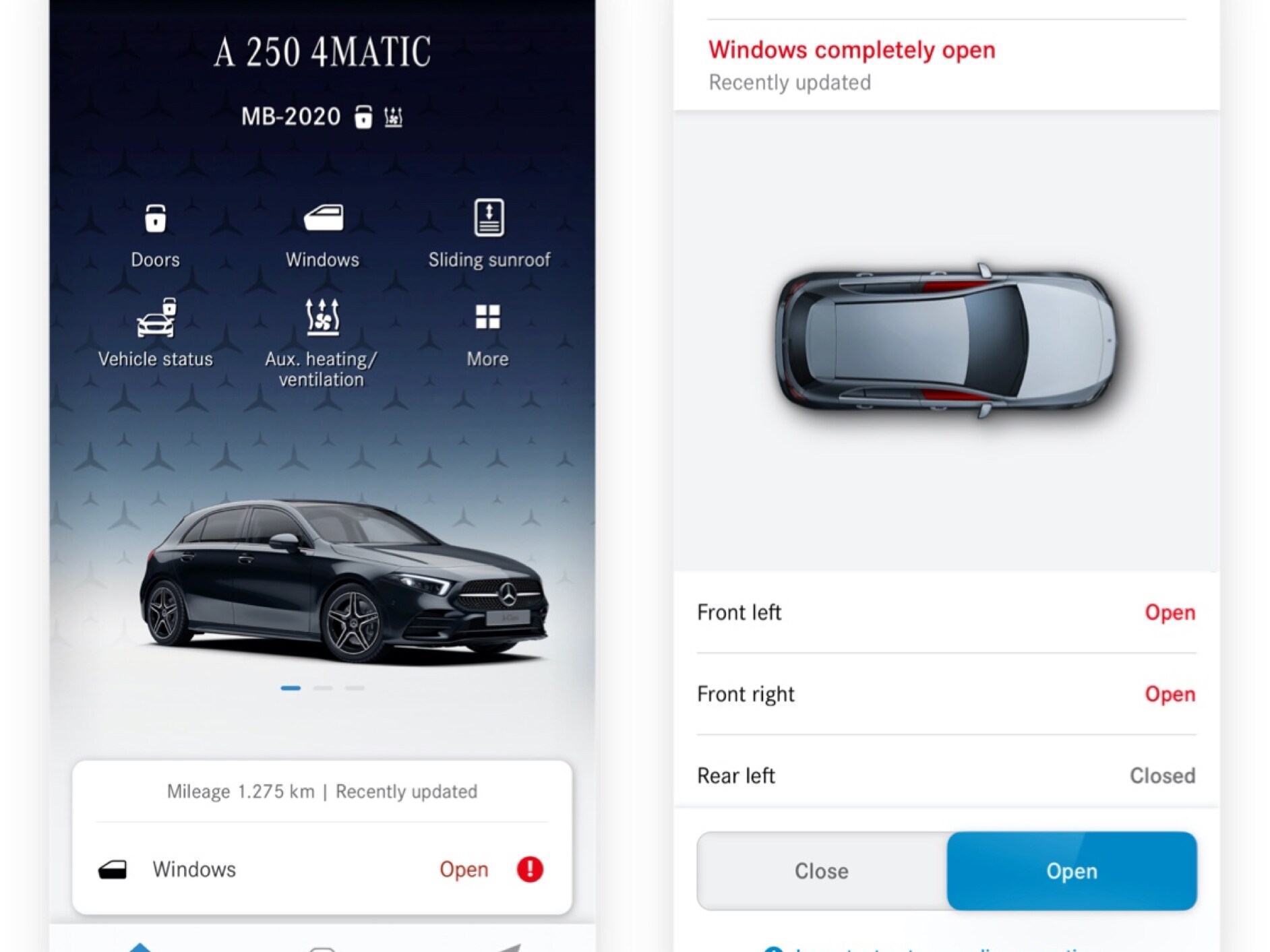 The vehicle location is displayed in the Mercedes-Benz App on a smartphone.