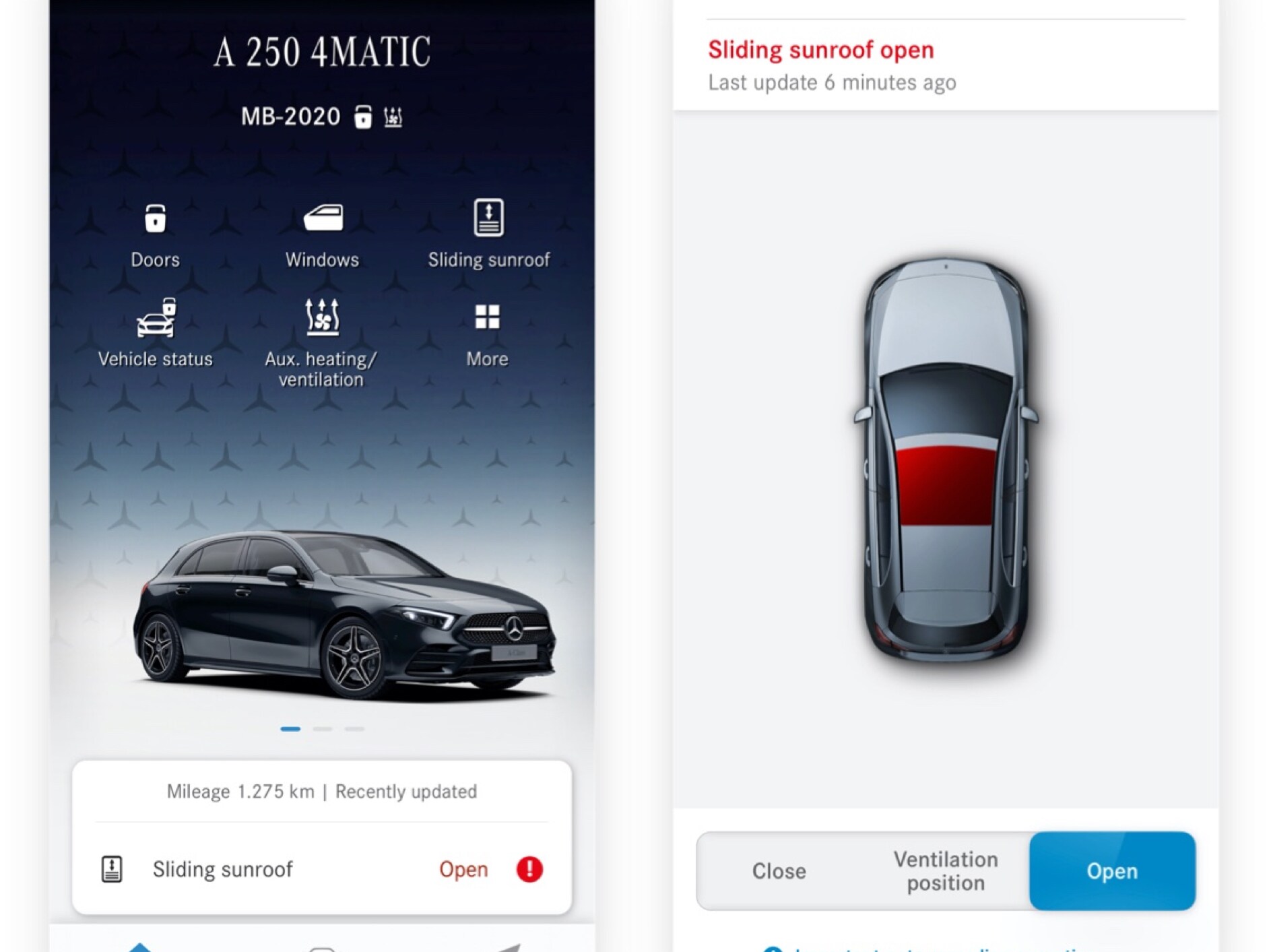 A smartphone shows the various screens that are displayed when the Remote Window and Sunroof Control Digital Extra determines that the sunroof is not closed.