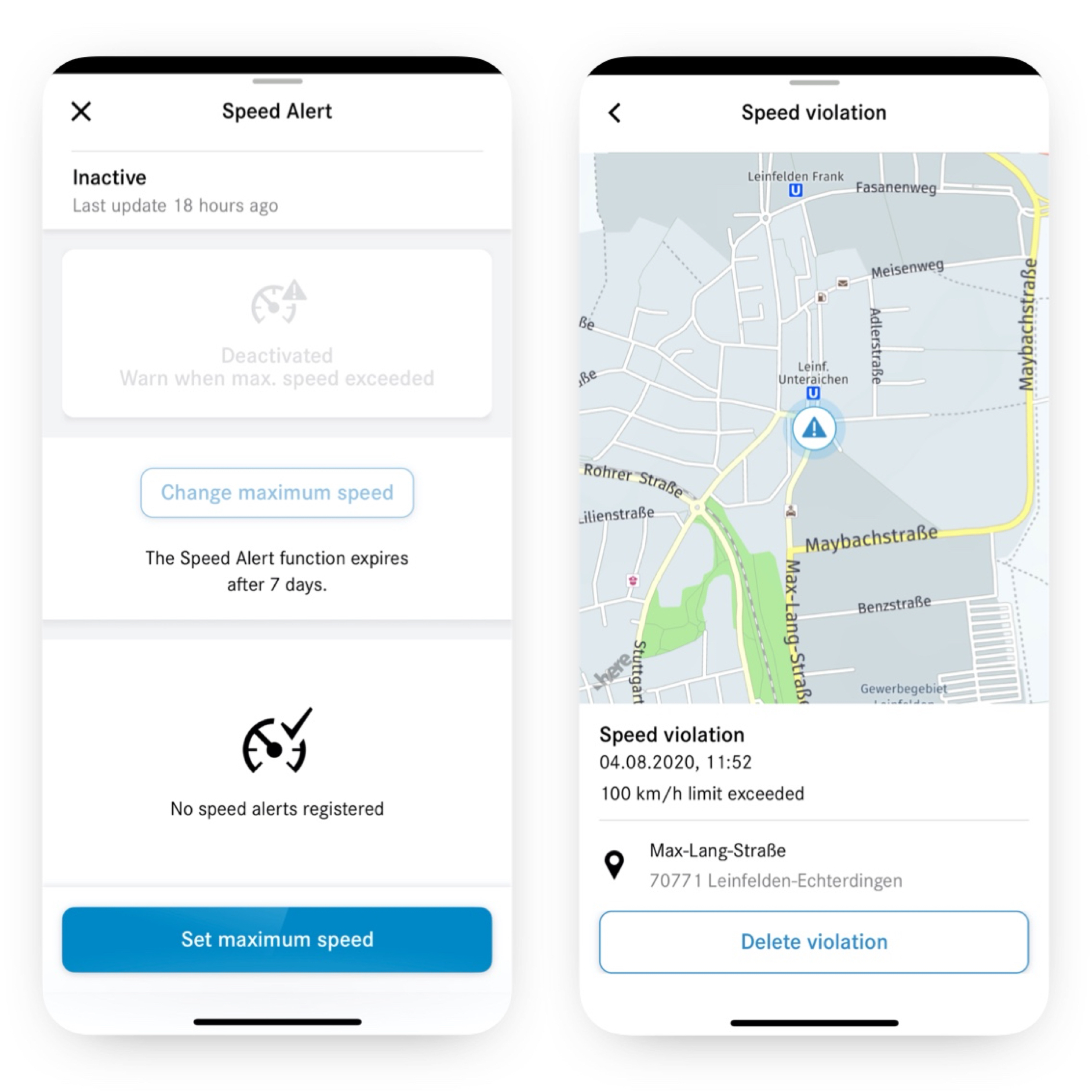 Speedfencing | Excellence Package | Mercedes-Benz You can see the different screens that appear on a smartphone when the Speedfencing Digital Extra is activated and detects an infringement.