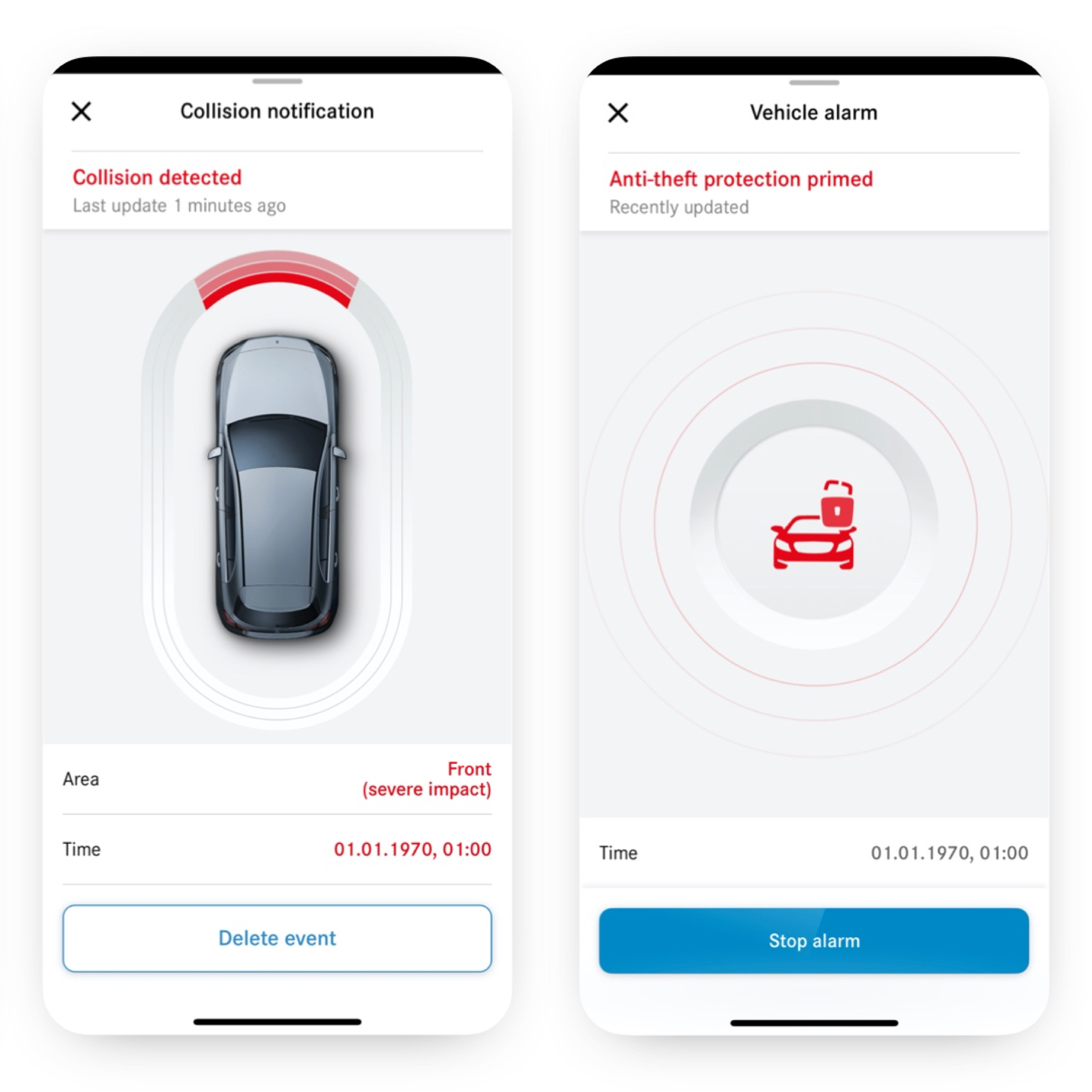 Theft Notification with Collision Detection | Excellence Package | Mercedes-Benz The Theft Notification and Collision Detection Digital Extra on a smartphone indicates that a collision has occurred.